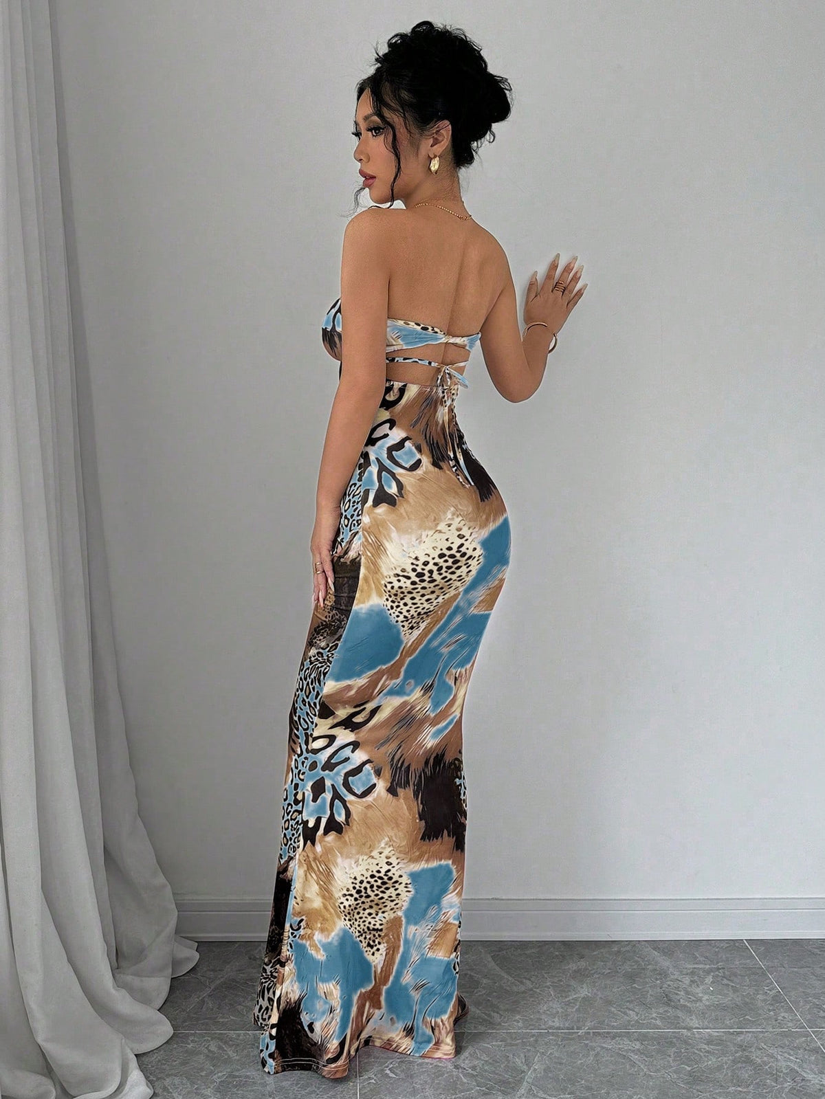 Elenzga Sleeveless Twist Cutout Back Tie Up Bodycon Maxi Leopard Print Dress