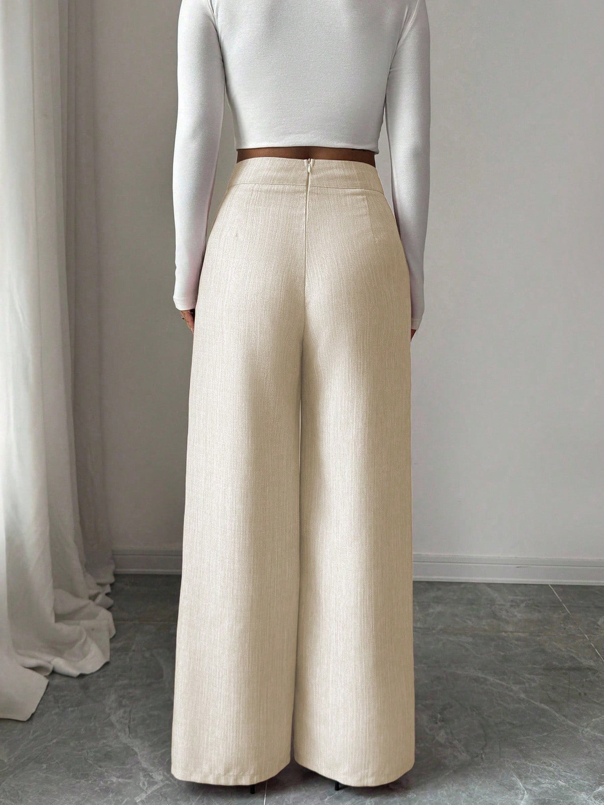 Elenzga Women's White Summer Elegant Office Pants,Bamboo Fabric Waist Overlay Button Decor Professional Casual Loose Flowy Straight Leg Teacher Uniform
