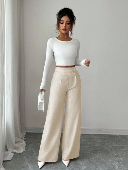 Elenzga Women's White Summer Elegant Office Pants,Bamboo Fabric Waist Overlay Button Decor Professional Casual Loose Flowy Straight Leg Teacher Uniform