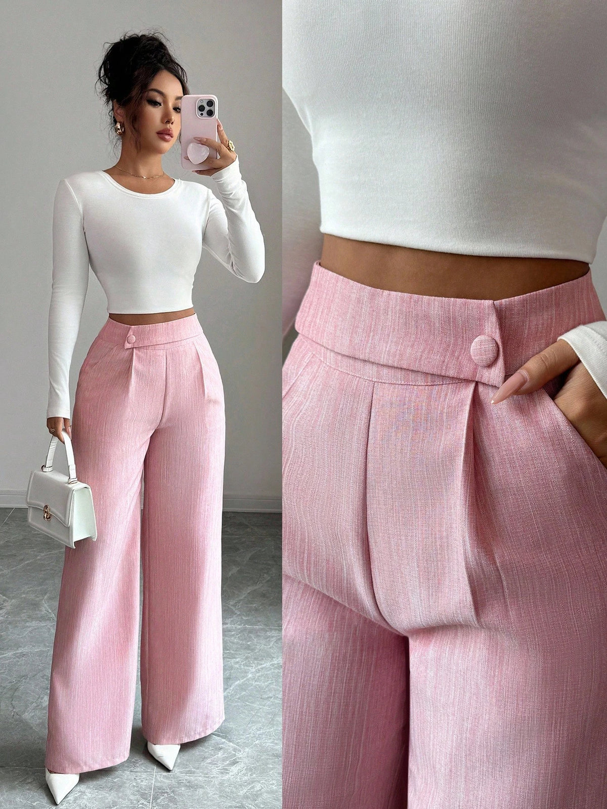 Elenzga Women's White Summer Elegant Office Pants,Bamboo Fabric Waist Overlay Button Decor Professional Casual Loose Flowy Straight Leg Teacher Uniform