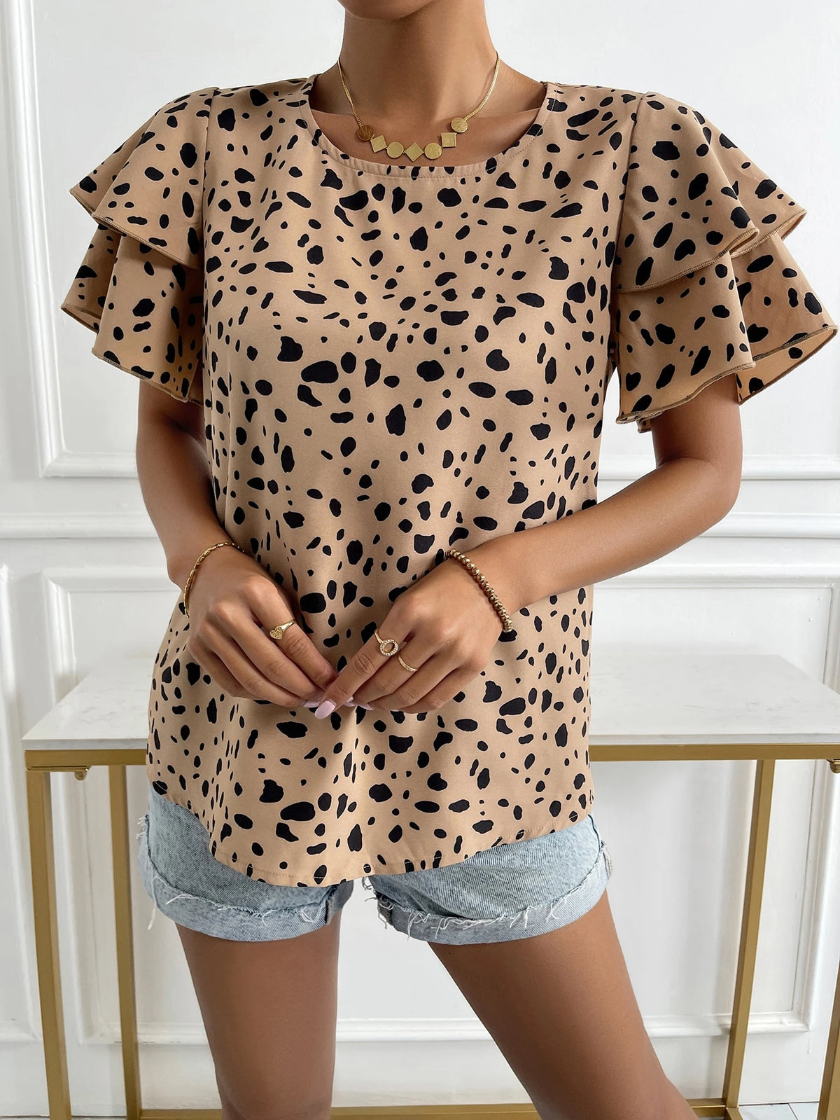 EMERY ROSE Dalmatian Print Butterfly Sleeve Blouse,Short Sleeve Tops