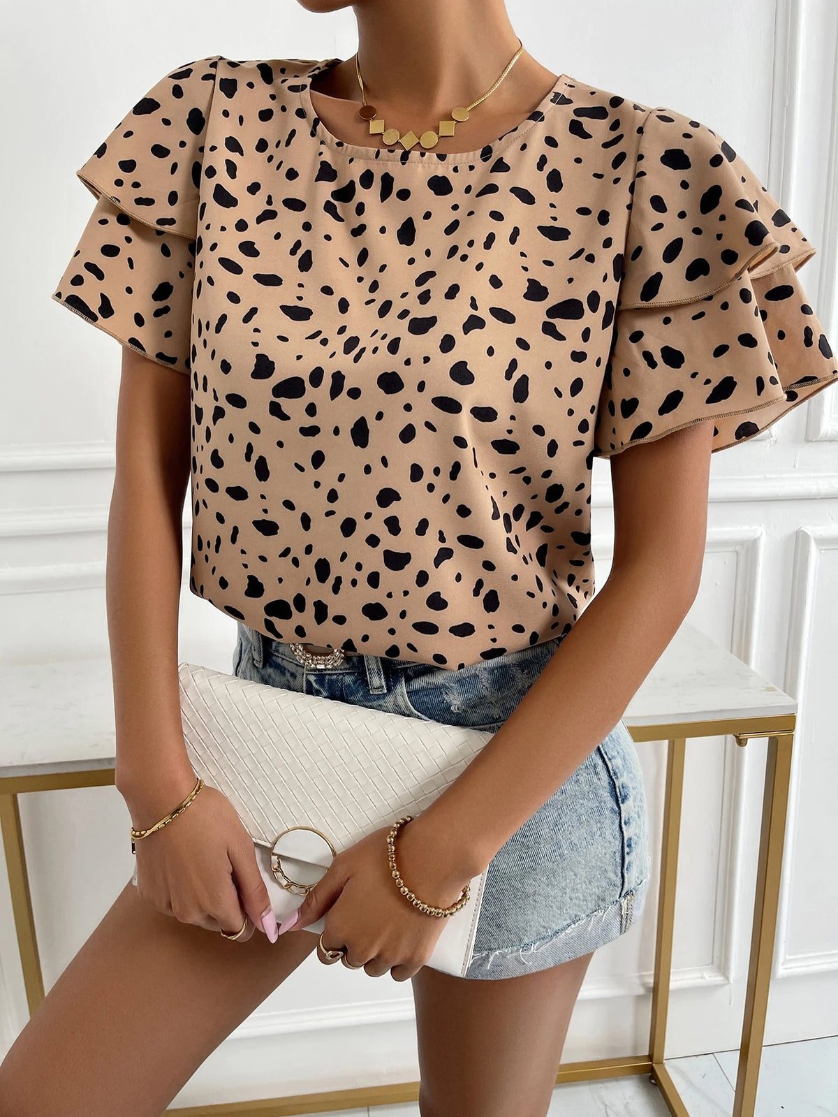 EMERY ROSE Dalmatian Print Butterfly Sleeve Blouse,Short Sleeve Tops