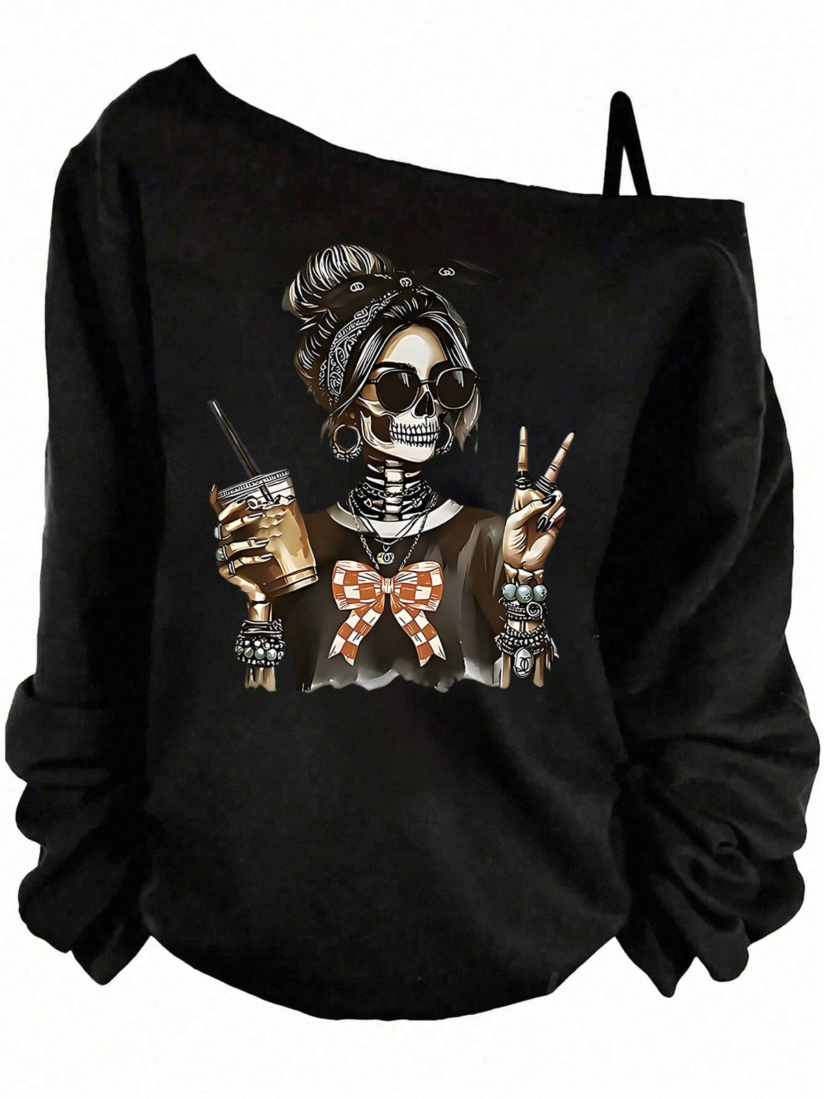 EMERY ROSE Halloween Casual Teal Skull Girl Graphic Print Plus Size Women Asymmetrical Shoulder Camisole T-Shirt,Autumn Everyday Long Sleeve Sweatshirt Costume