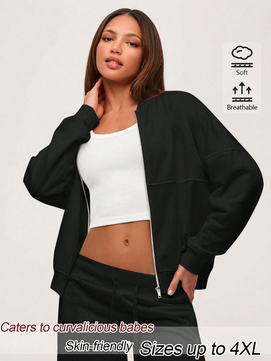 EMERY ROSE Plus Size Minimalist Street Fashion Zipper Long Sleeve Jacket Fall