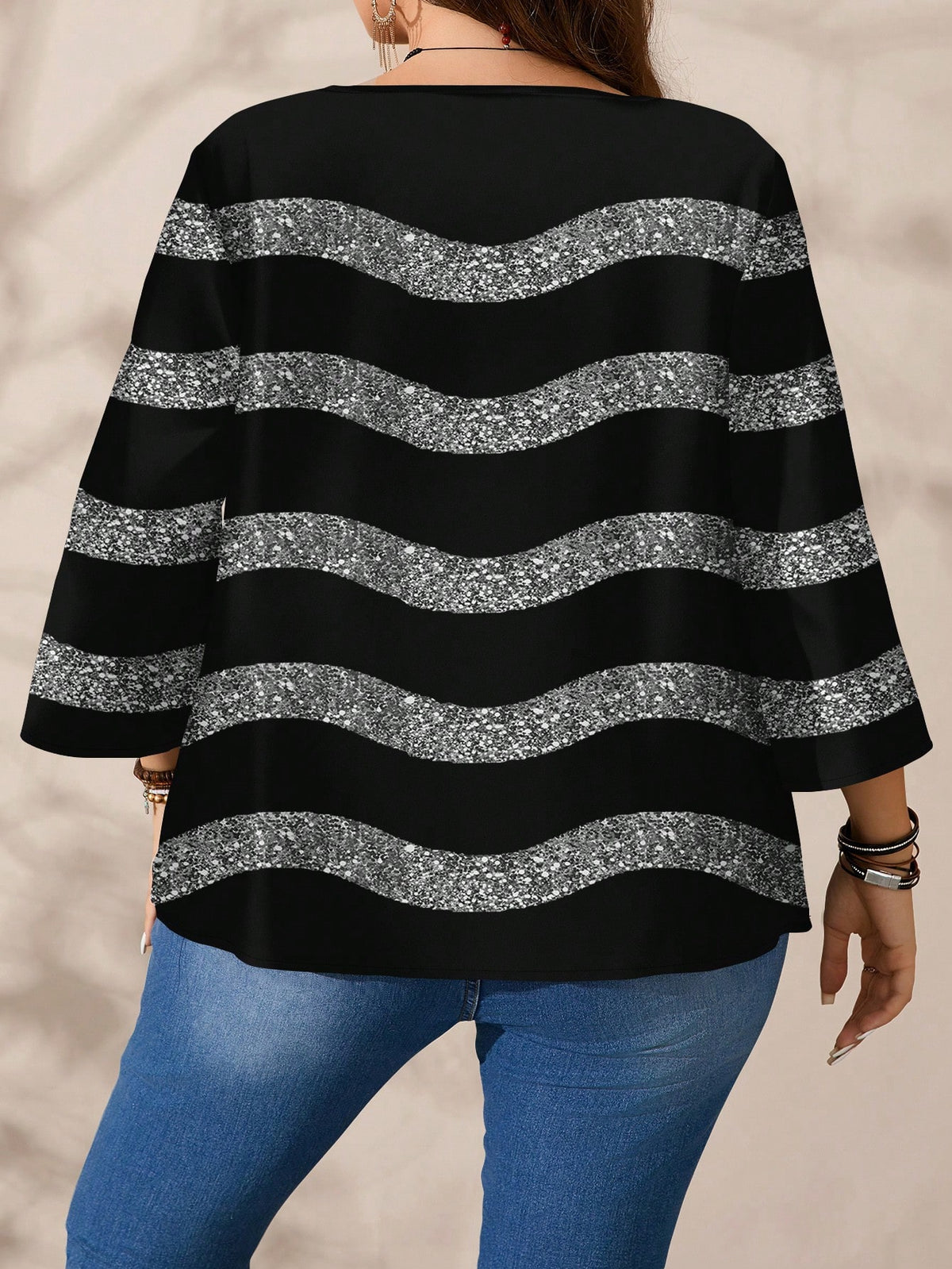 EMERY ROSE Women's Casual Elegant Black And Silver Round Neck Blouse, Suitable For Autumn Winter Spring, Summer Top Party Night Out