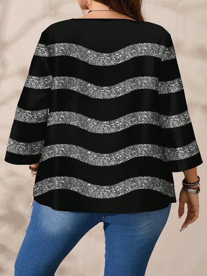 EMERY ROSE Women's Casual Elegant Black And Silver Round Neck Blouse, Suitable For Autumn Winter Spring, Summer Top Party Night Out