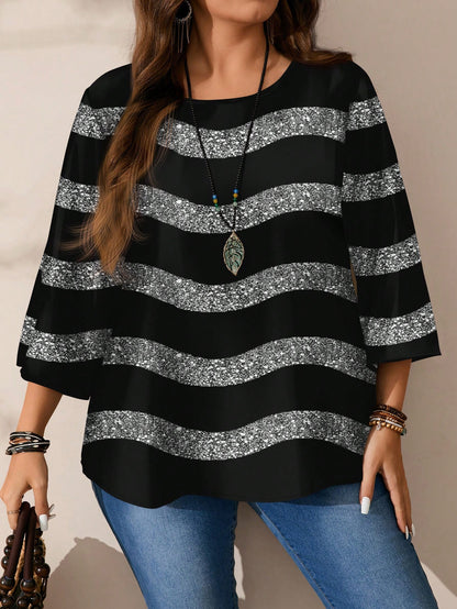 EMERY ROSE Women's Casual Elegant Black And Silver Round Neck Blouse, Suitable For Autumn Winter Spring, Summer Top Party Night Out