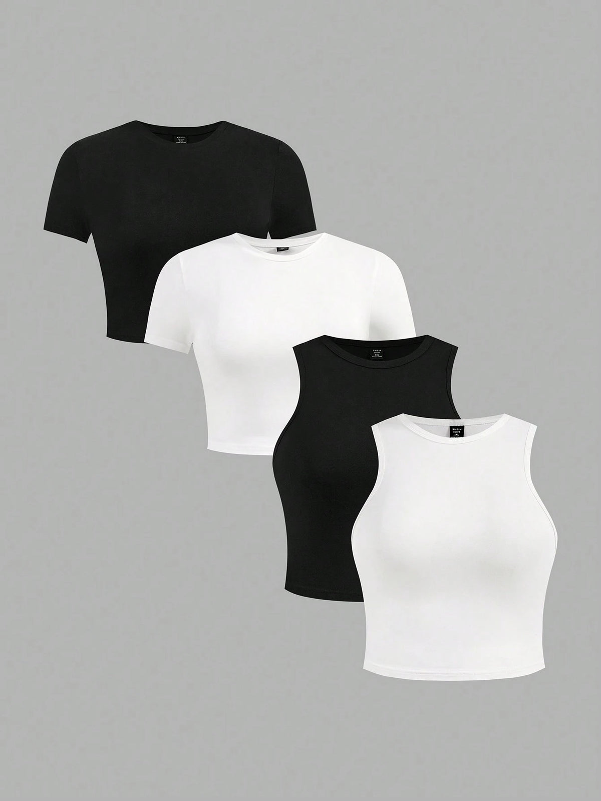 Essnce Plus Size 4pcs/Set Black & White Casual Women Tank Tops And Short Sleeve Tees, Slim Fit, Summer Suitable For Going Out