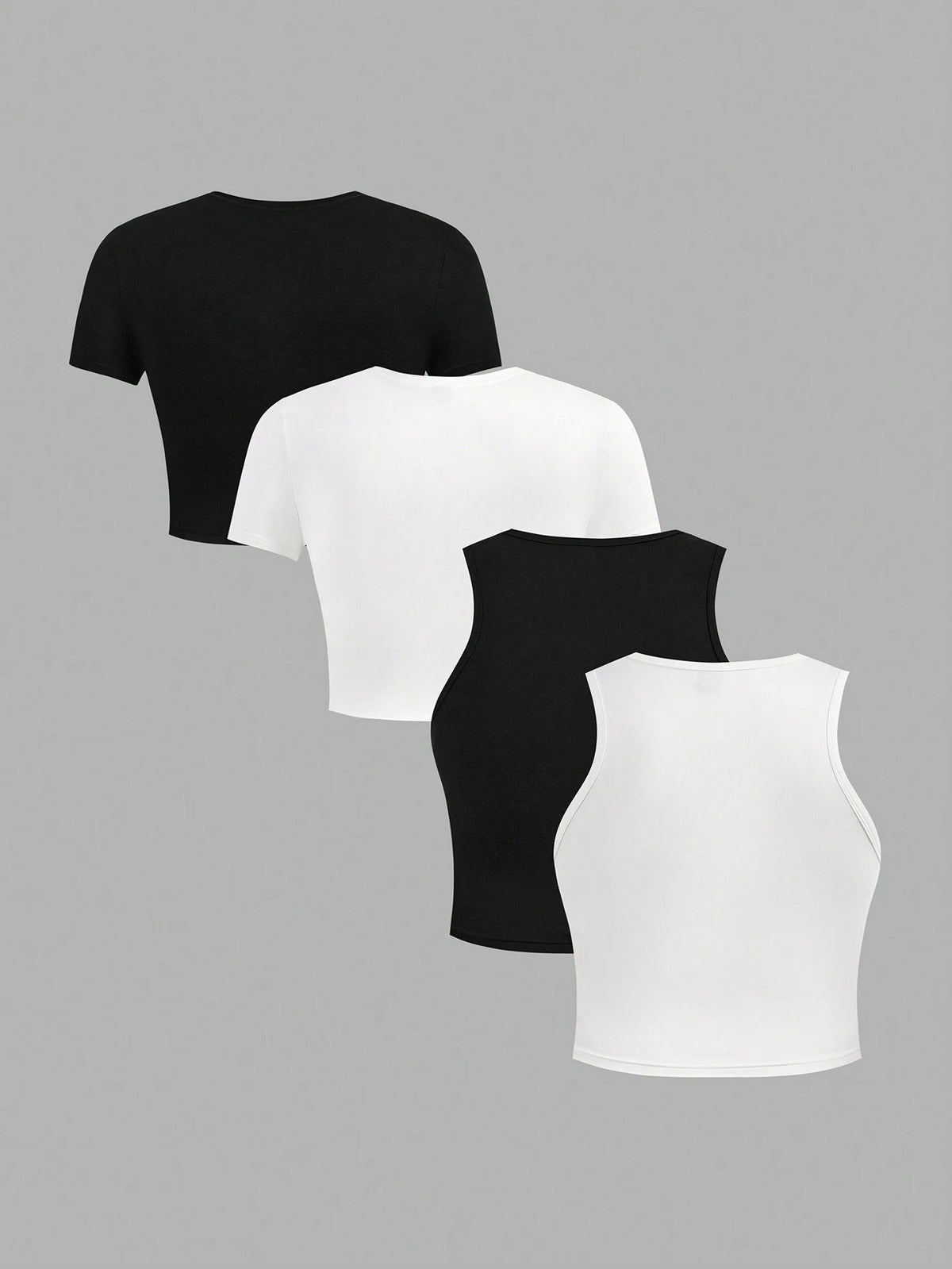 Essnce Plus Size 4pcs/Set Black & White Casual Women Tank Tops And Short Sleeve Tees, Slim Fit, Summer Suitable For Going Out