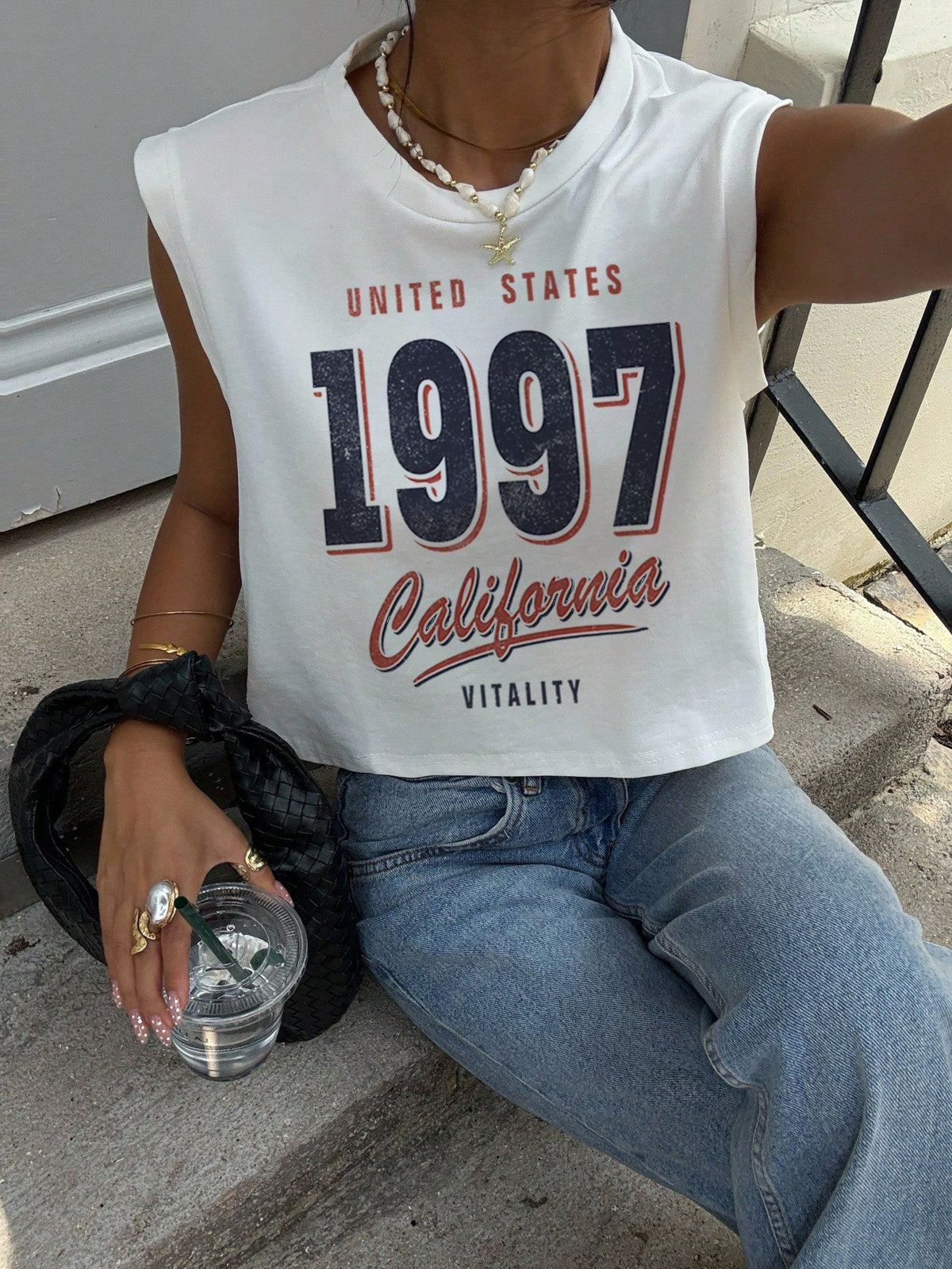 Essnce Women's Casual Round Neck Sleeveless Cropped Tank Top, Suitable For Summer, Retro American Vintage 1997 Print
