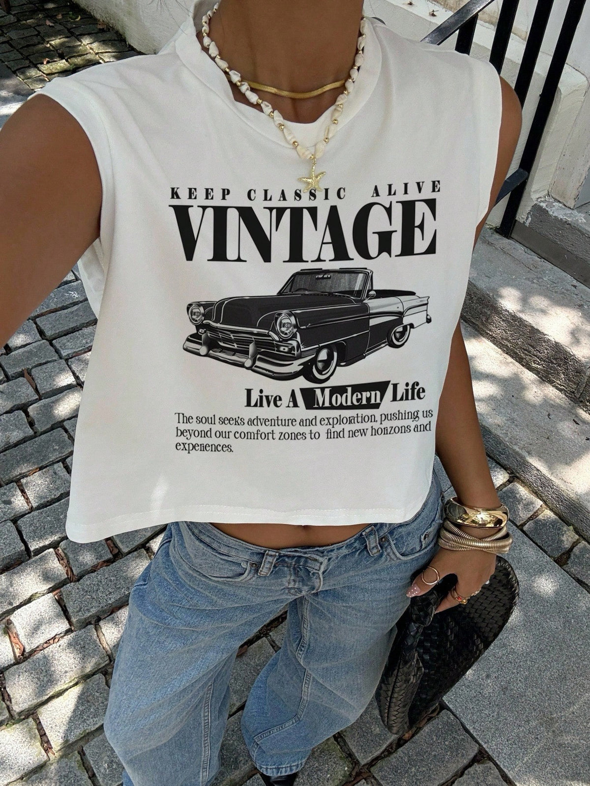 Essnce Women's Casual Round Neck Sleeveless Cropped Tank Top, Suitable For Summer, Retro American Vintage 1997 Print