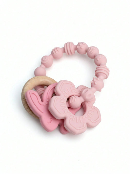 ETETOO 1pc Pink Flower Rabbit Textured Silicone & Wooden Teething Ring, Baby Sensory Toy, Relieve Teething Pain