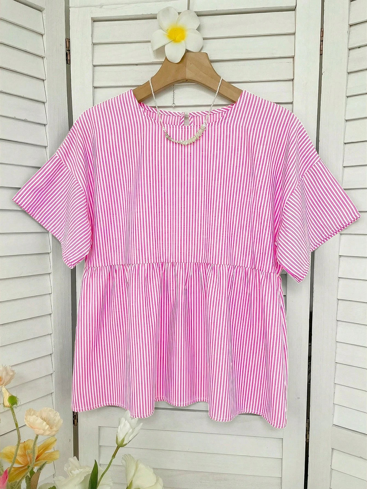 EZwear Pink Striped Woven Women's Shirt,Summer Top