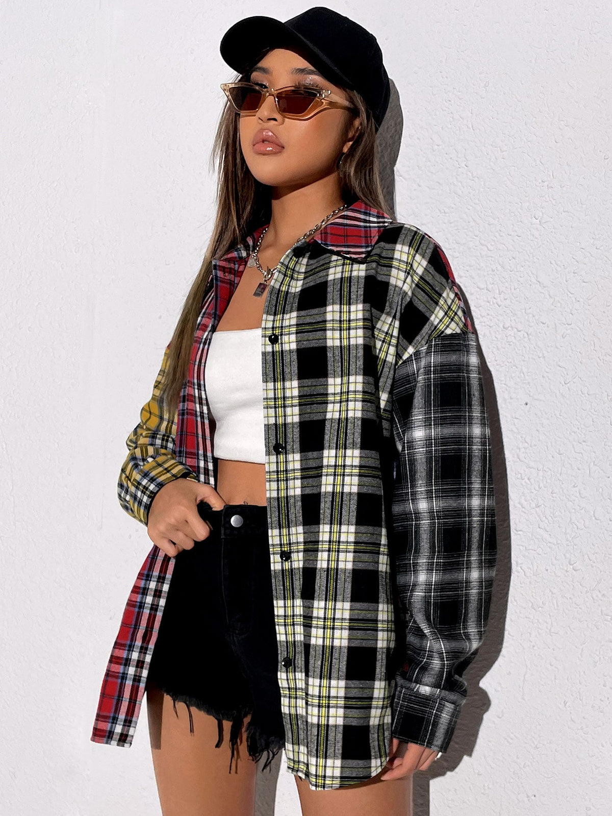 EZwear Tartan Colorblock Drop Shoulder Shirt,Long Sleeve Tops