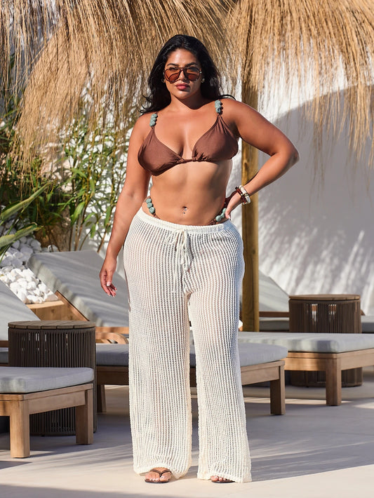 FASHION SZN Plus Size Crochet Beach Vacation Trousers Wide Leg Sheer Cover Up Casual Sexy Club Glam Pool Party Swim Holiday Summer Ibiza Boho Outfit All White