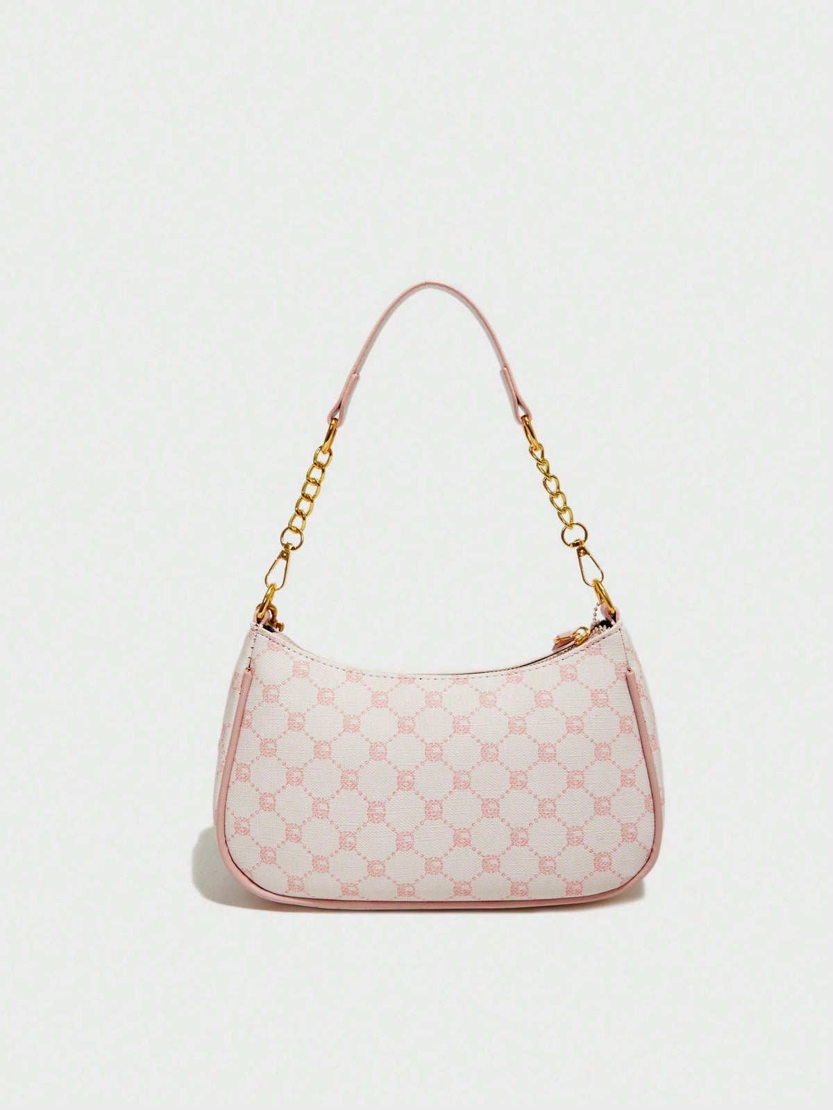 Fashion Versatile PU Waterproof Fabric M Letter Pattern Shoulder Bag, Printed Design Metal Chain Decoration Pink Baguette Bag With Cherry Pendant
