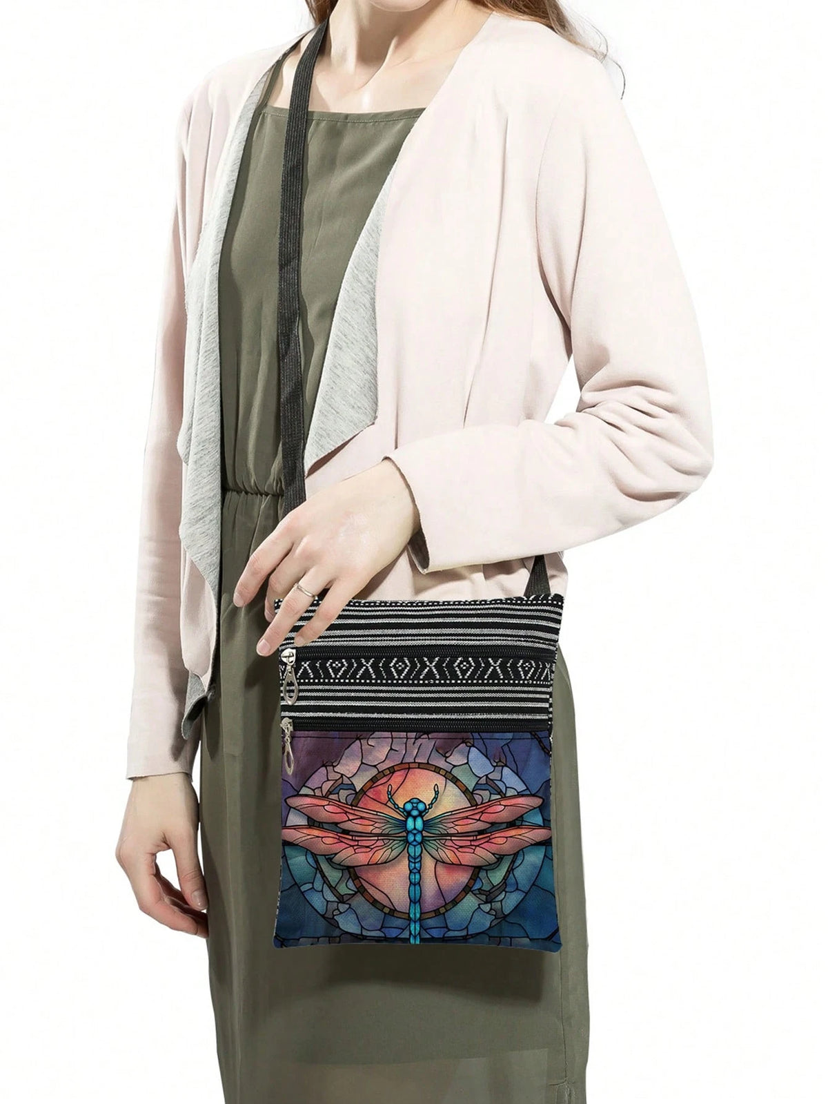 Fashionable Art Glass Dragonfly Pattern Crossbody Bag, Unisex Reusable Shoulder Bag, Painting Glass Animal Print Storage Bag, Casual Portable Shoulder Bag With Adjustable Strap, Party Gift For Glass A