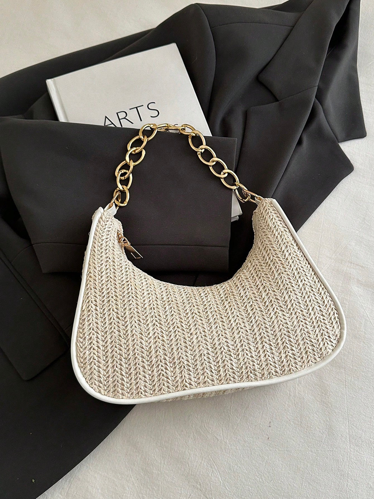 Fashionable Solid-Color Metal Chain Straw Crescent Moon Tote Bag, Women's Multi-Purpose