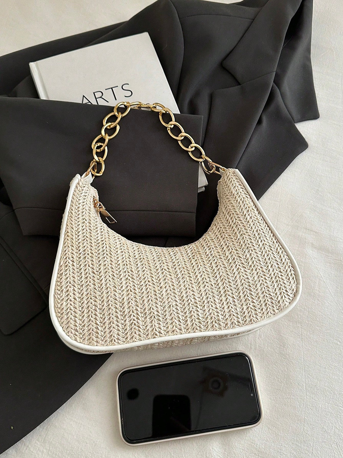 Fashionable Solid-Color Metal Chain Straw Crescent Moon Tote Bag, Women's Multi-Purpose