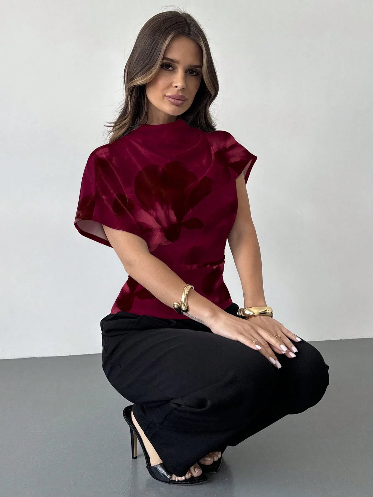 Firerie Crinkle Collar Asymmetrical Sleeve Side Ruched Cinched Waist Commuter Apricot Bamboo Fiber Linen Blouse For Women, All Season,Summer Top