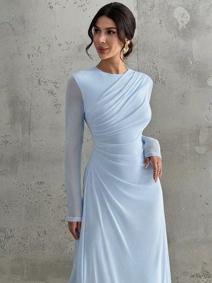 Firerie Women's Elegant Vintage Mesh Baby Blue Round Neck Pleated A-Line Long Sleeve Maxi Dress, Autumn Tropical Cocktail Day Party Office Birthday Dinner