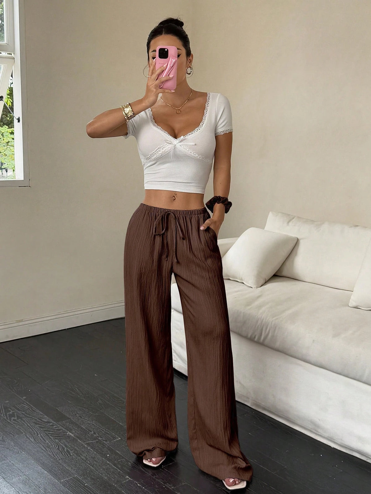 Flirla Women's Solid Color Elastic Waist Draw Cord Summer Casual Pants With Pockets Fall Cloth For Women