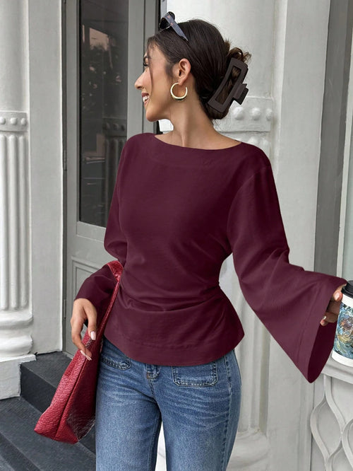 Flora Isola Flora Isola Women's Elegant Solid Color Waist Cinched Flare Sleeve Blouse, Autumn, Christmas Office Dark Burgundy