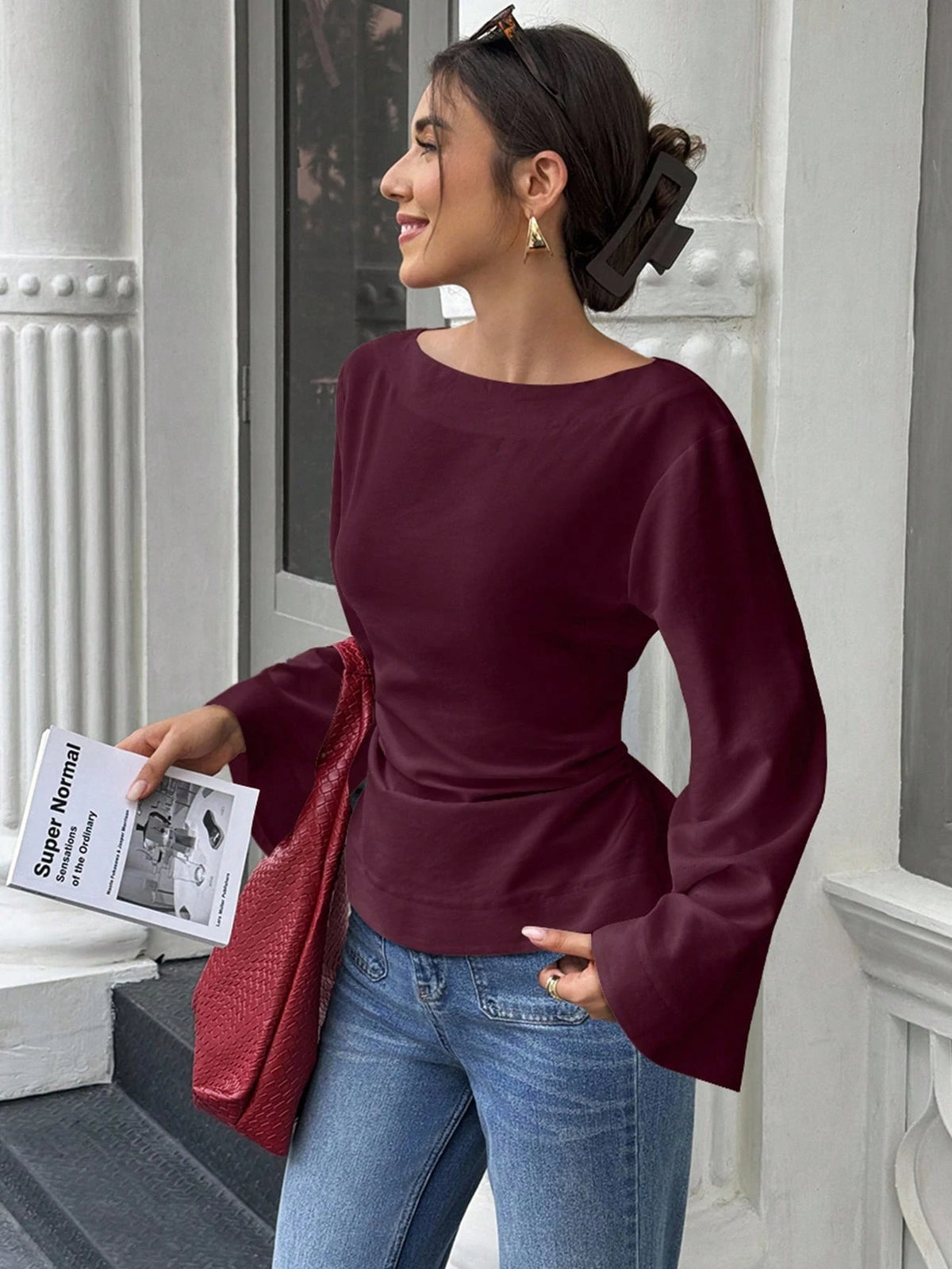 Flora Isola Flora Isola Women's Elegant Solid Color Waist Cinched Flare Sleeve Blouse, Autumn, Christmas Office Dark Burgundy