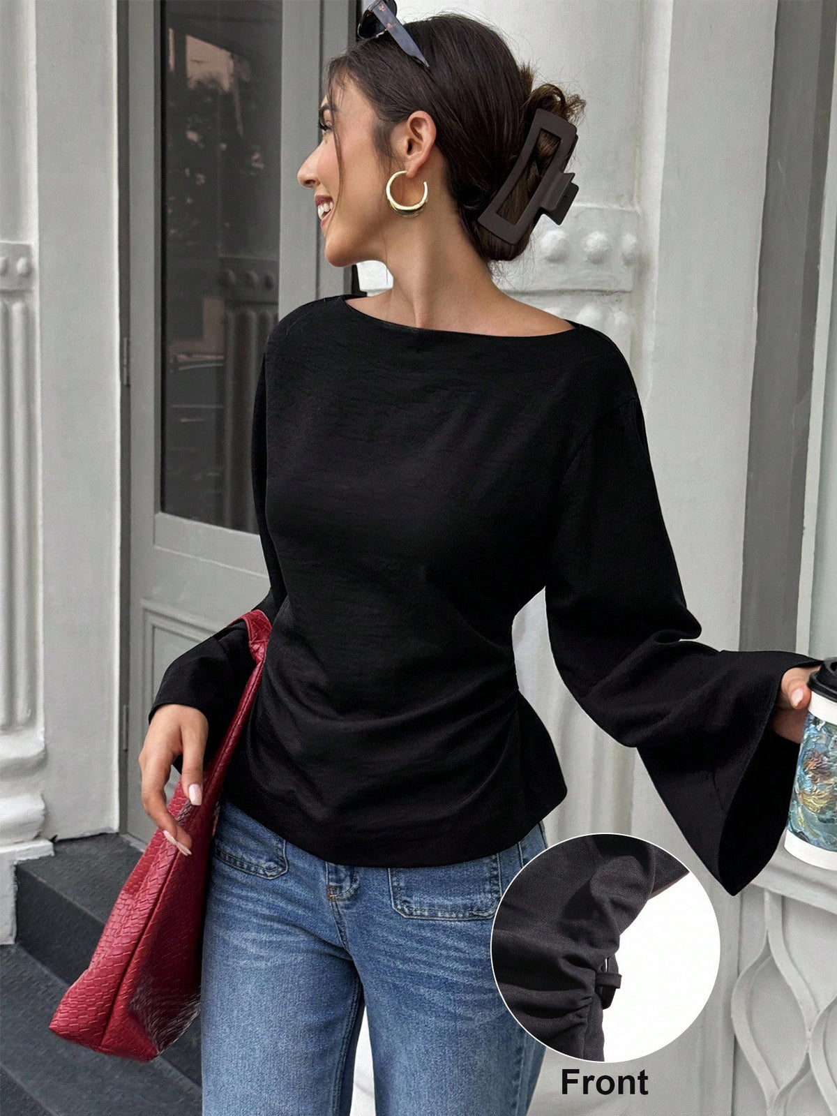 Flora Isola Flora Isola Women's Elegant Solid Color Waist Cinched Flare Sleeve Blouse, Autumn, Christmas Office Dark Burgundy