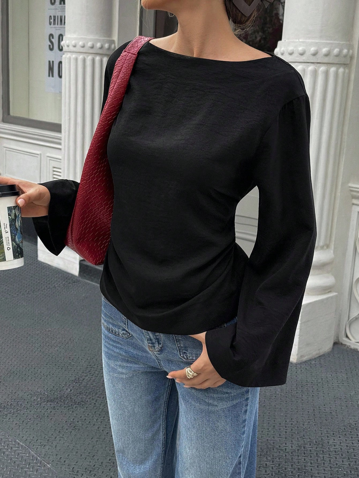 Flora Isola Flora Isola Women's Elegant Solid Color Waist Cinched Flare Sleeve Blouse, Autumn, Christmas Office Dark Burgundy