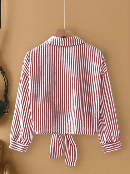 Franclia Casual Red Striped Blouse For Women Woven Fabric Long Drop Shoulder Sleeve Shirt With Knot Detail Regular Length