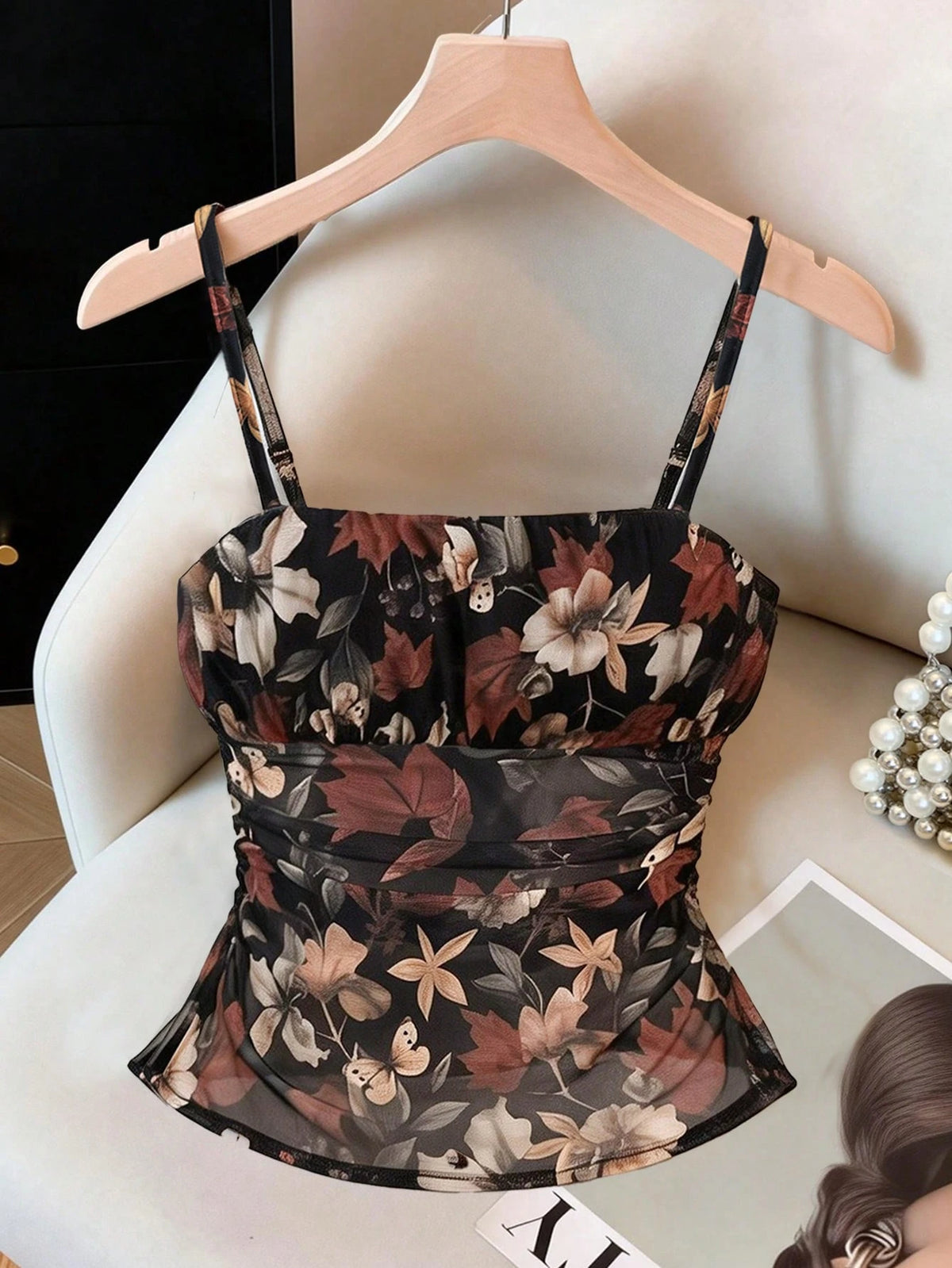 Franclia Women's Black Floral Print Ruched Camisole,Elegant Summer Dining Date Night Crop Top Corsets,Fashionable Versatile Bustier Tube Top Country Concert