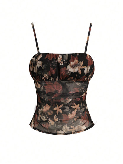 Franclia Women's Black Floral Print Ruched Camisole,Elegant Summer Dining Date Night Crop Top Corsets,Fashionable Versatile Bustier Tube Top Country Concert