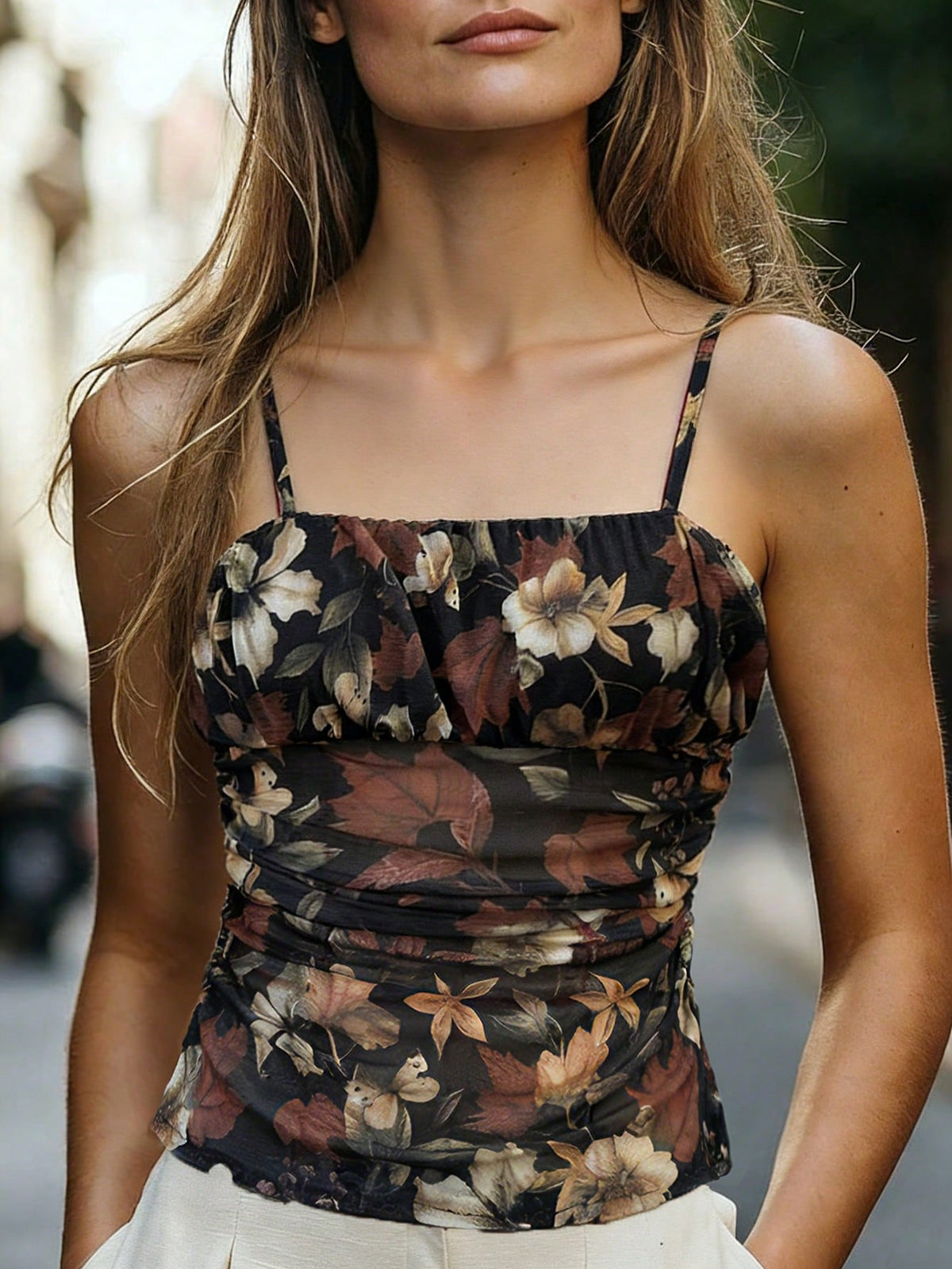 Franclia Women's Black Floral Print Ruched Camisole,Elegant Summer Dining Date Night Crop Top Corsets,Fashionable Versatile Bustier Tube Top Country Concert