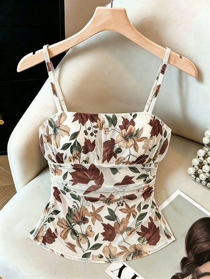 Franclia Women's Black Floral Print Ruched Camisole,Elegant Summer Dining Date Night Crop Top Corsets,Fashionable Versatile Bustier Tube Top Country Concert