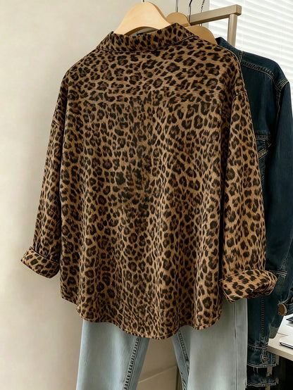 Franclia Women's Casual Loose Long Sleeve Leopard Print Shirt, Minimalist Versatile Spring Fall Everyday Daily Wear Blouse