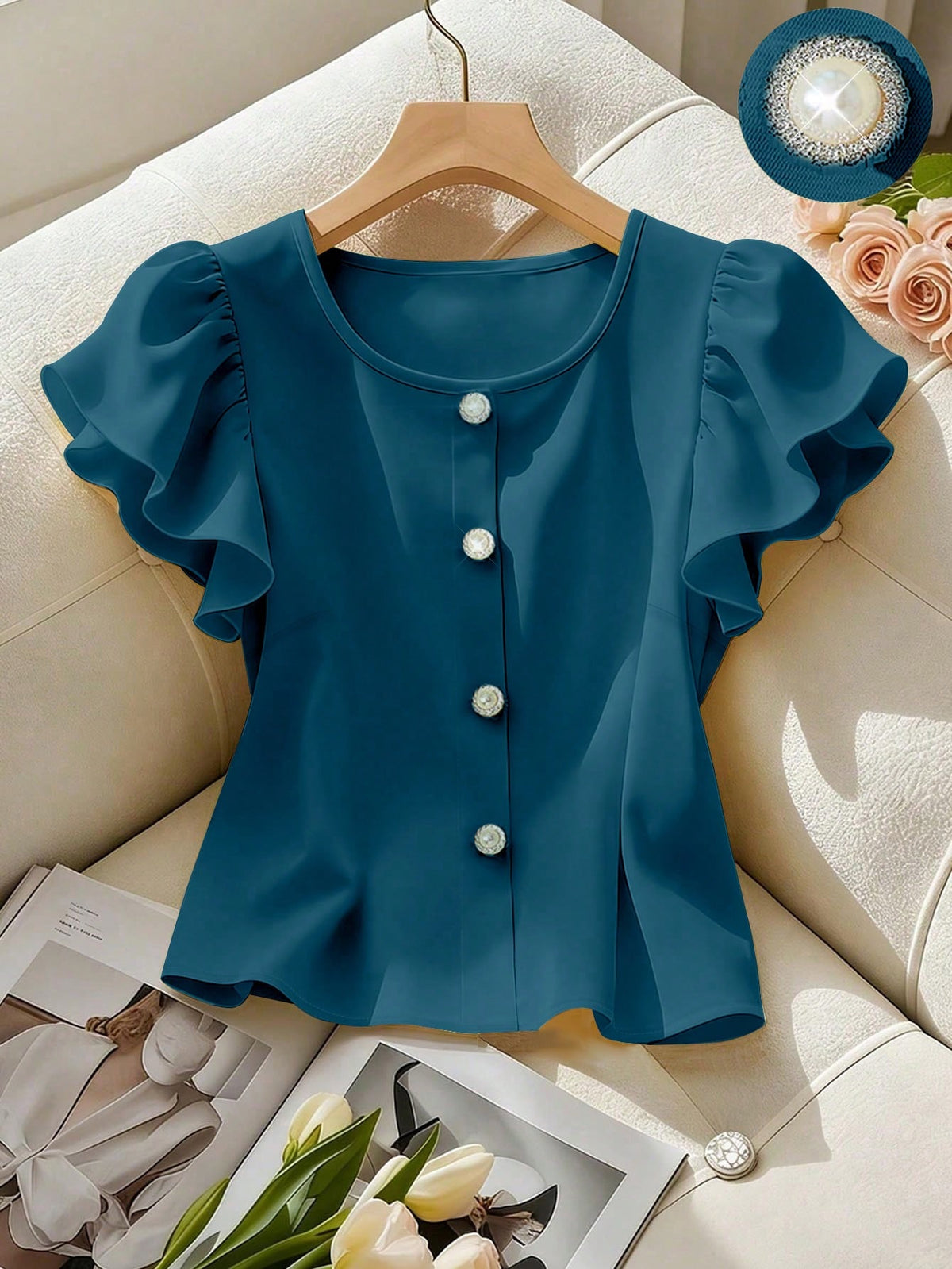 Franclia Women's Solid Color Ruffle Sleeve Round Neck Shirt, Yellow, Fashion Versatile French Style Short Pearl Button Decorated Blouse, Elegant Summer Top
