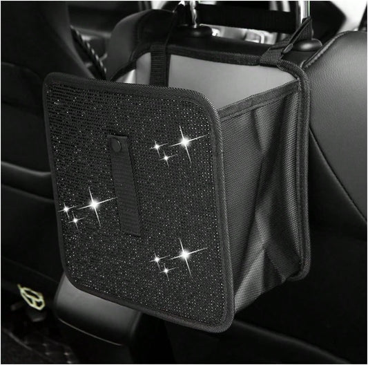 FSTURIOS Car Trash Can, Bling Rhinestone Crystal Waterproof Hanging Garbage Bag For Car Interior, Oxford Leakproof Foldable Waste Organizer Trash Bin Universal For Most Vehicles (Black)