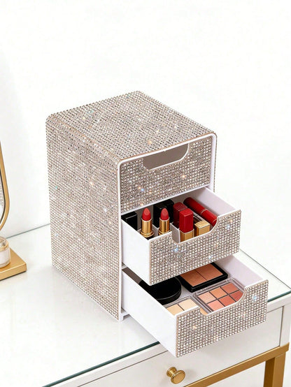 Full Rhinestone 3-Layer Small Drawer High-End Desktop Storage Box, Jewelry & Cosmetics Organizer, Mini Desktop Drawer Storage Box, Desktop Organizer, Room Decor, Plastic Multi-Layer Jewelry & Cosmetic