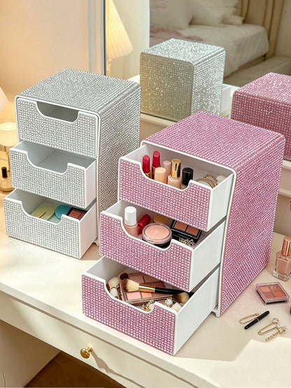 Full Rhinestone 3-Layer Small Drawer High-End Desktop Storage Box, Jewelry & Cosmetics Organizer, Mini Desktop Drawer Storage Box, Desktop Organizer, Room Decor, Plastic Multi-Layer Jewelry & Cosmetic