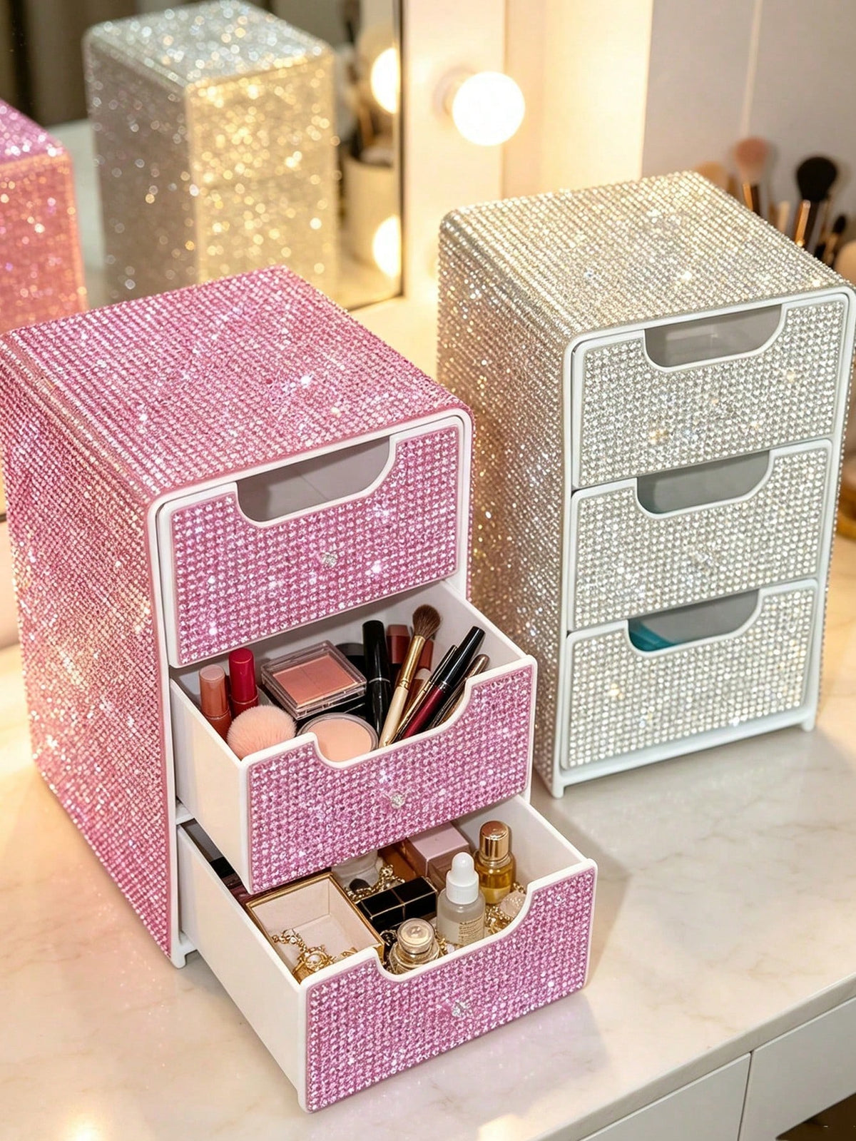 Full Rhinestone 3-Layer Small Drawer High-End Desktop Storage Box, Jewelry & Cosmetics Organizer, Mini Desktop Drawer Storage Box, Desktop Organizer, Room Decor, Plastic Multi-Layer Jewelry & Cosmetic