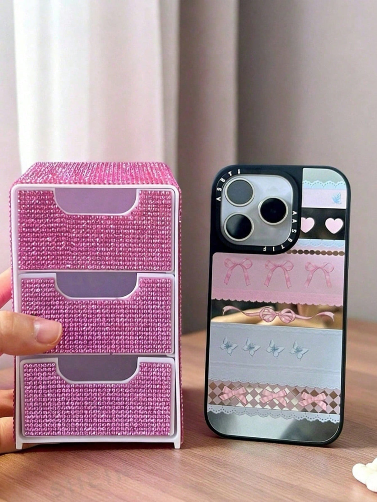 Full Rhinestone 3-Layer Small Drawer High-End Desktop Storage Box, Jewelry & Cosmetics Organizer, Mini Desktop Drawer Storage Box, Desktop Organizer, Room Decor, Plastic Multi-Layer Jewelry & Cosmetic