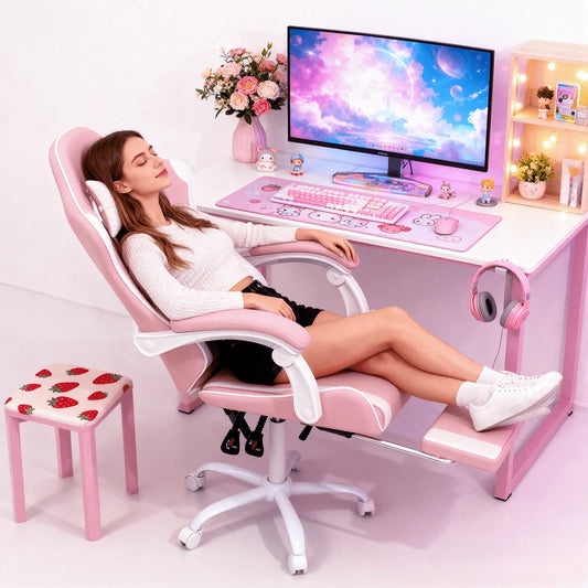 Gaming Chair With Footrest High Back Video Game Chair With Headrest & Lumbar Support Height Adjustable Leather Swivel Computer Chair For Adult Teen Office Or Gaming