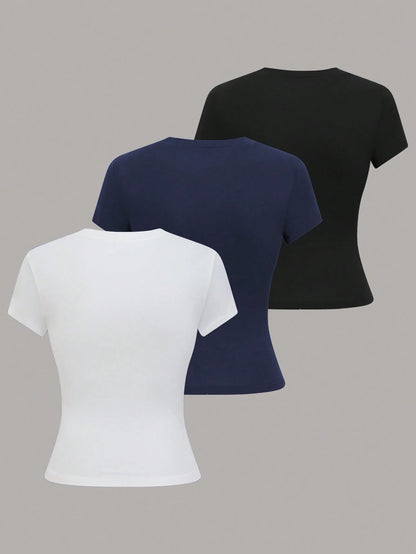 GlowEve Spring And Summer New Slim-Fit Solid Color Slimming All-Match Round Neck Business Trip Three Pieces Set T-Shirt For Women