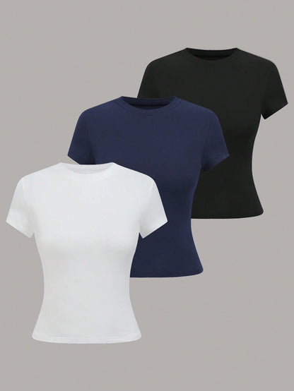 GlowEve Spring And Summer New Slim-Fit Solid Color Slimming All-Match Round Neck Business Trip Three Pieces Set T-Shirt For Women