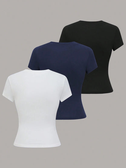 GlowEve Spring And Summer New Slim-Fit Solid Color Slimming All-Match Round Neck Business Trip Three Pieces Set T-Shirt For Women