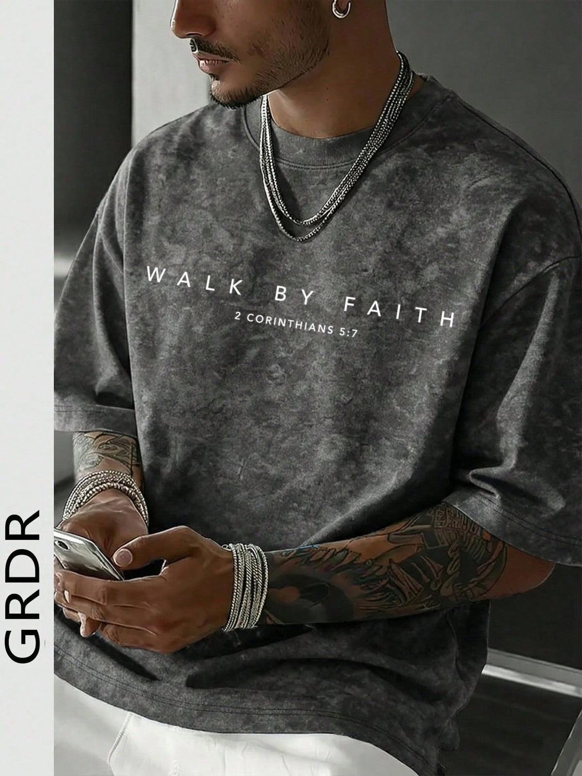 GRDR Men's Letter Print Washed Round Neck Short Sleeve T-Shirt, Comfortable & Breathable For Summer Wear