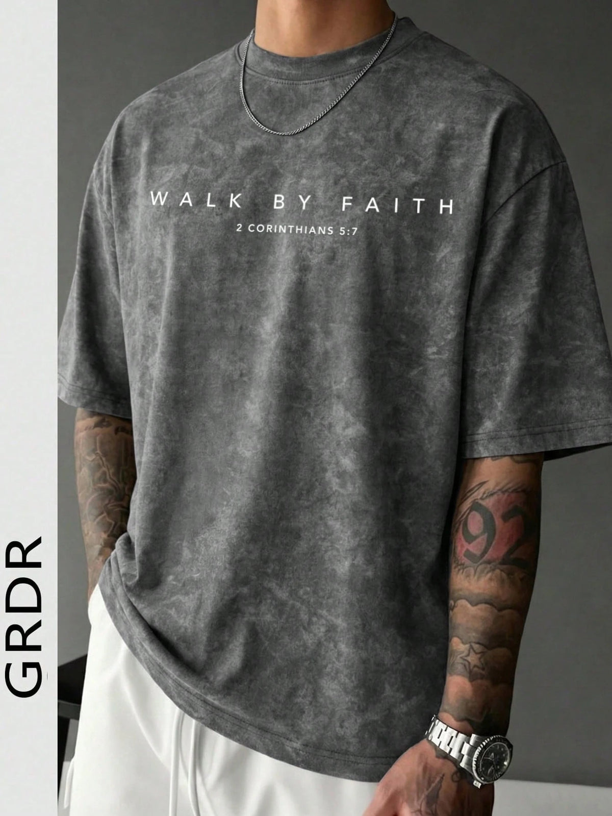 GRDR Men's Letter Print Washed Round Neck Short Sleeve T-Shirt, Comfortable & Breathable For Summer Wear