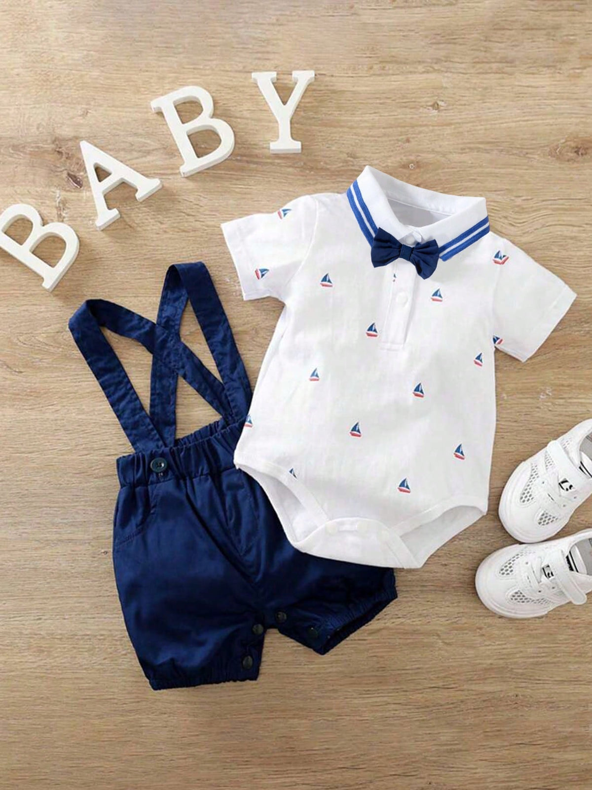 H HIBOBI 2pcs/Set Baby Boy Sailboat Printed Short Sleeve Romper And Dungaree Shorts Set For Spring/Summer