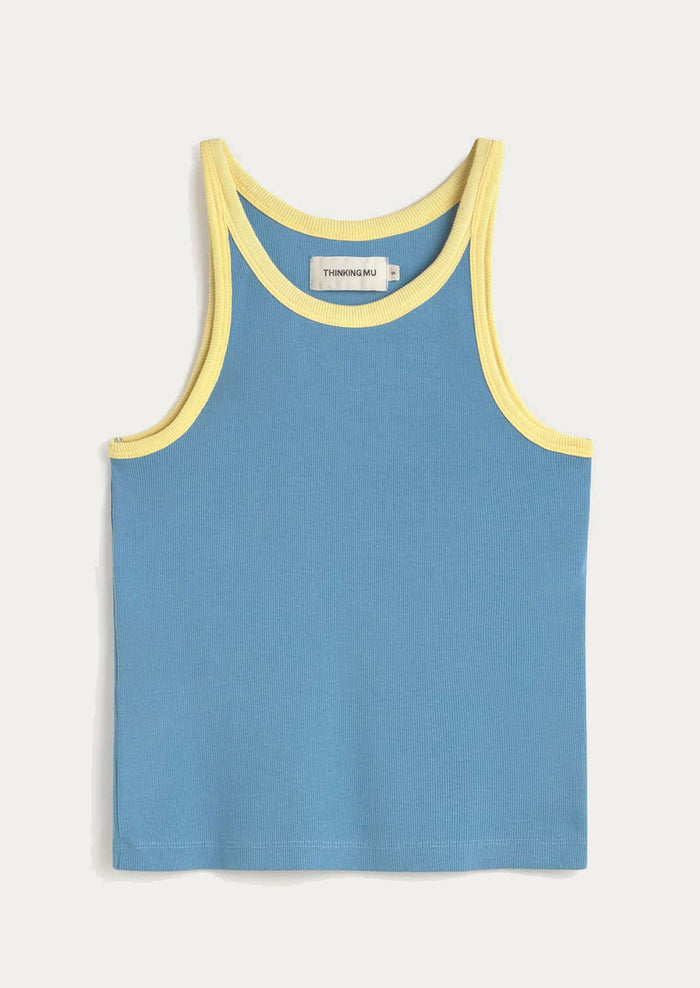 Blue tank top with yellow trim on a light gray background